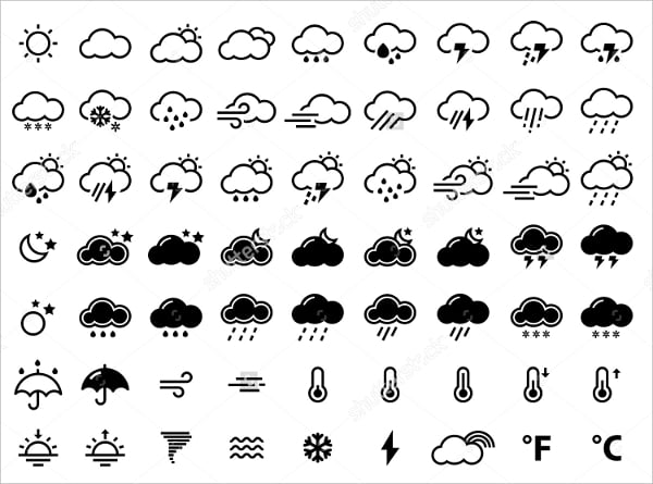black white set of weather icons