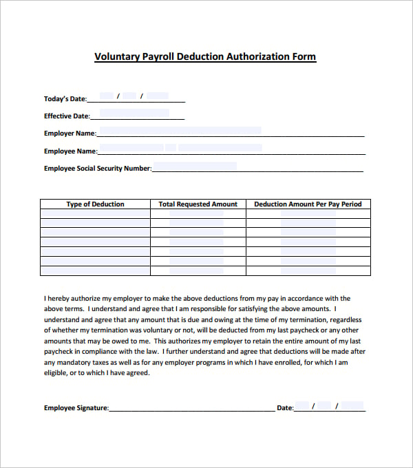 voluntary payroll deduction authorization form template