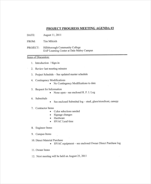 project progress meeting agenda
