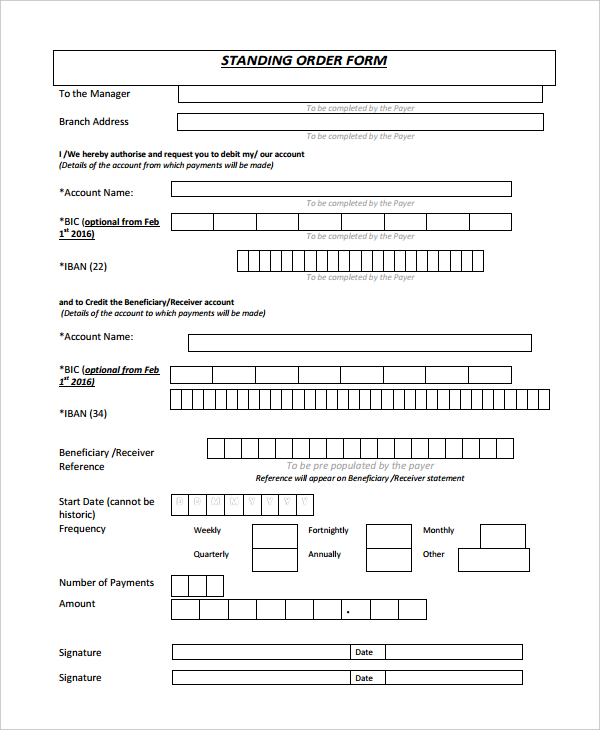 standing orders form template