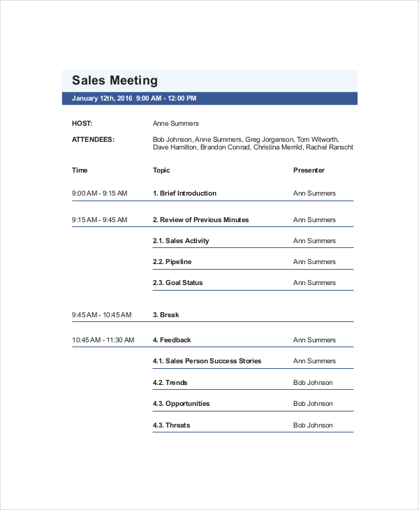 Sales Meeting Agenda Template 11+ Free Word, PDF Documents Download