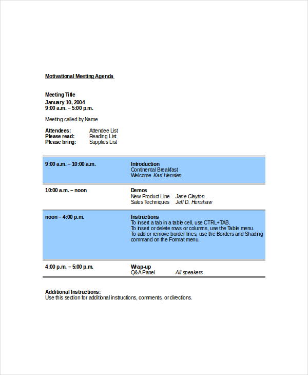 motivational meeting agenda template