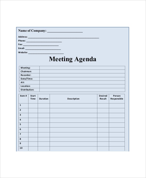 11 Blank Meeting Agenda Templates Free Sample Example Format Download