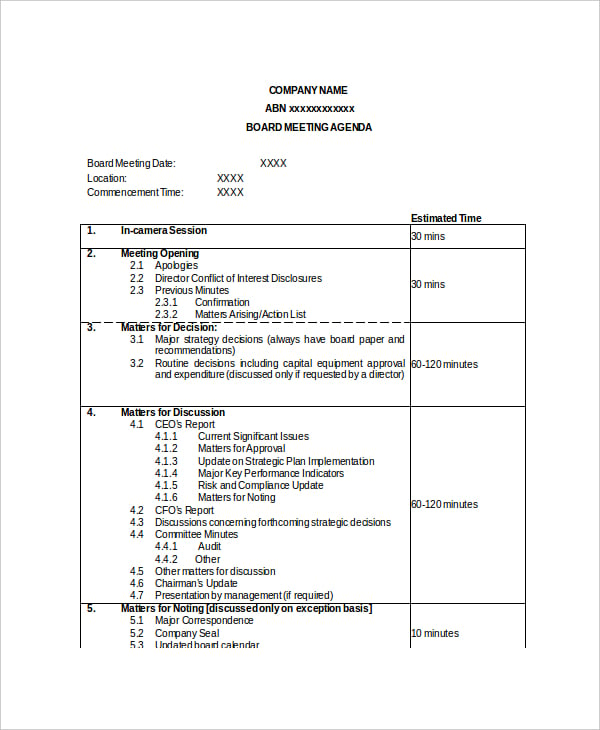 board meeting agenda sample template