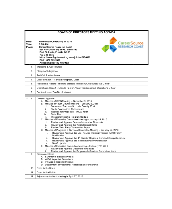 12+ Board of Directors Meeting Agenda Templates Free Sample, Example