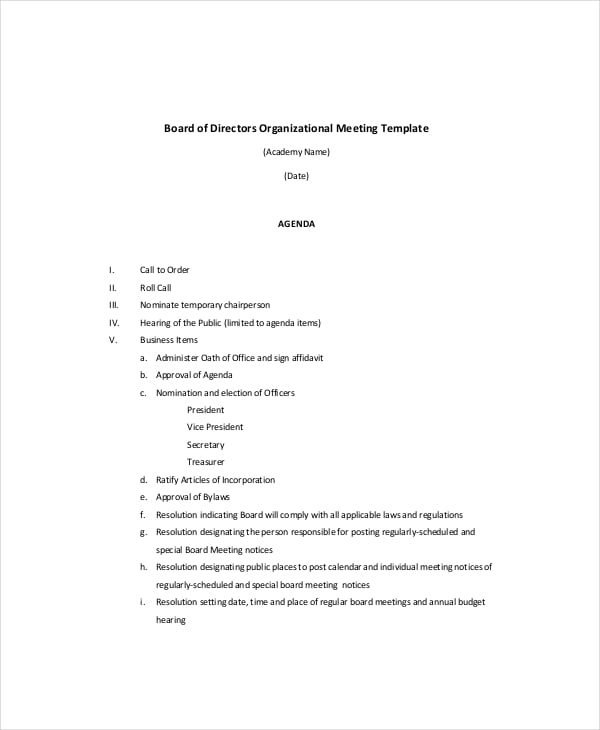 organizational board of director meeting agenda template