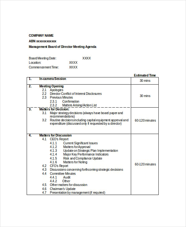 management board of director meeting agenda sample template
