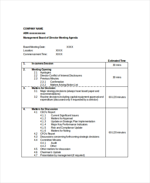 12  Board of Directors Meeting Agenda Templates Free Sample Example