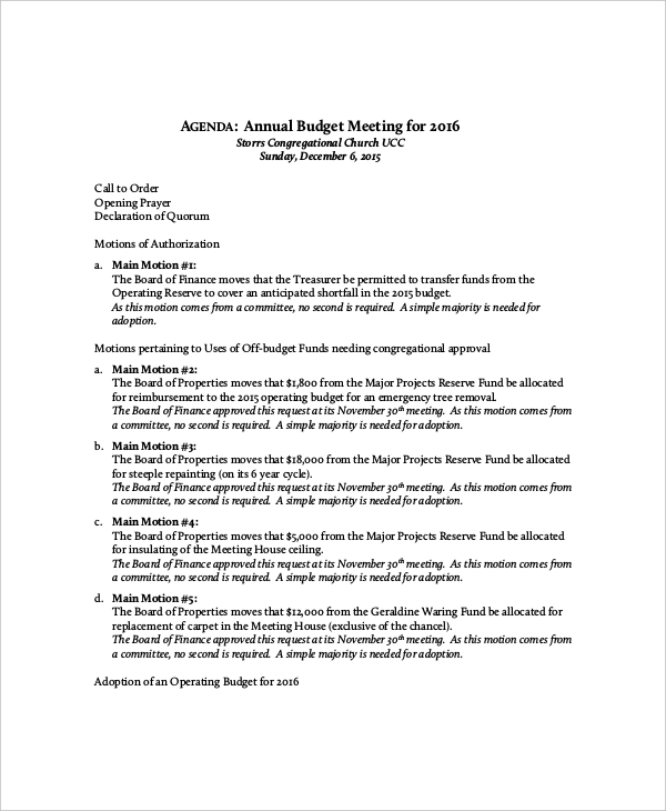 example annual budget meeting agenda