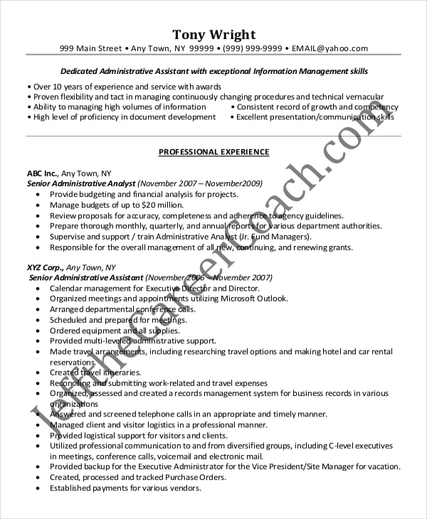 senior administrative assistant resume pdf download