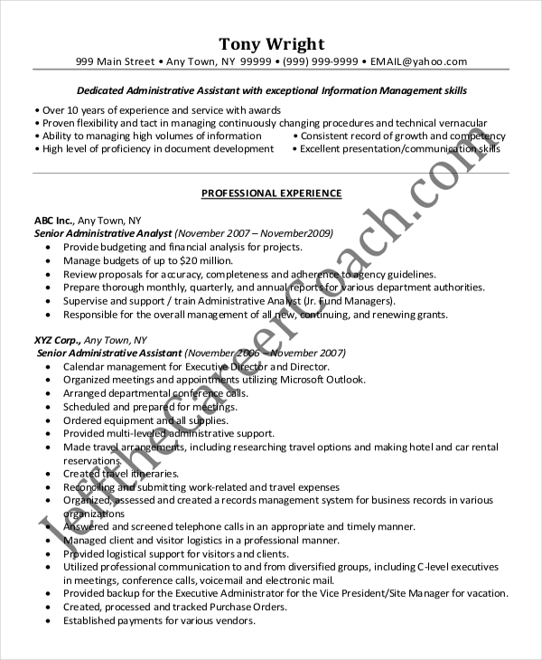 senior administrative assistant resume pdf download