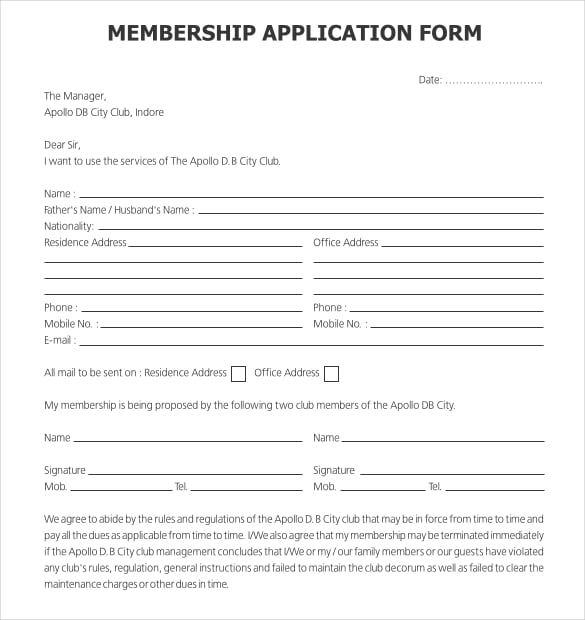 gold club membership application form template