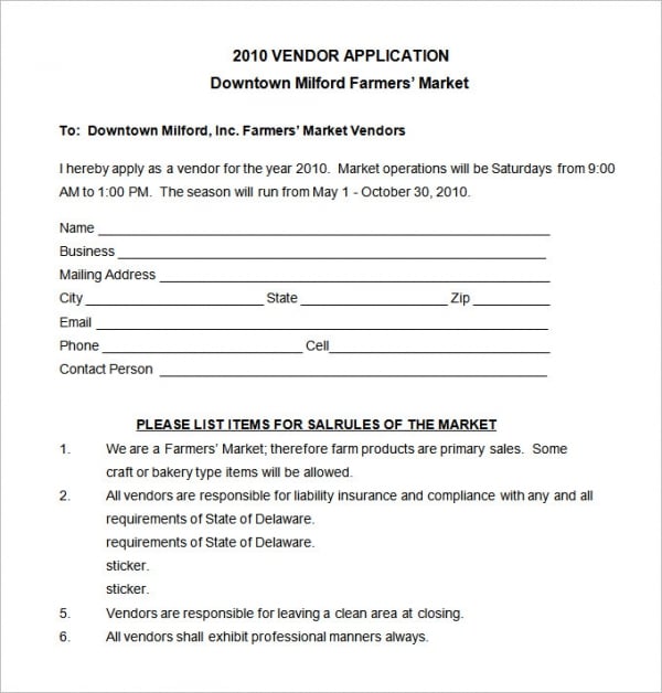 mildford farmers vendor application template