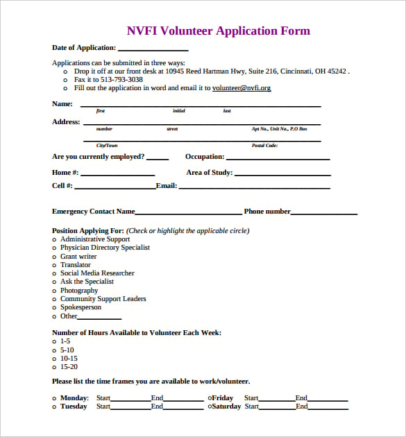 nvfi volunteer application form template