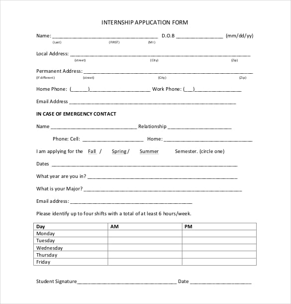 sample internship application form template