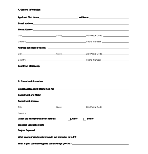 university scholarship application form template