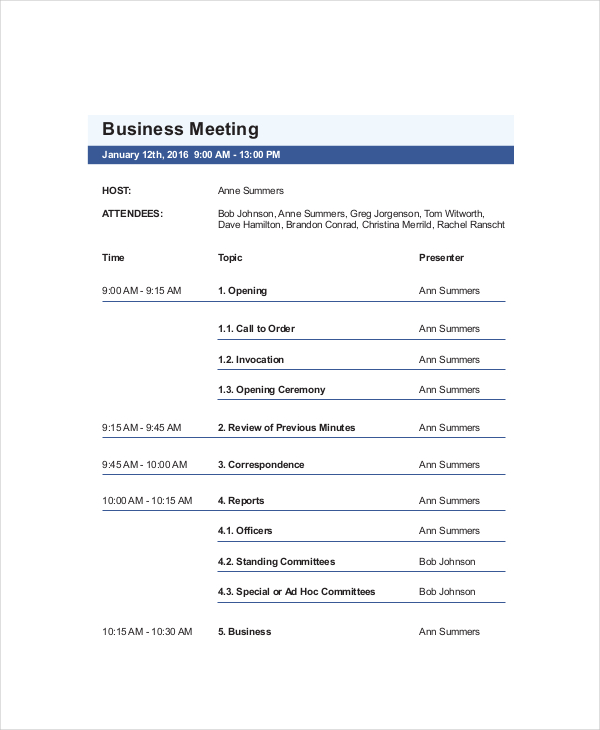 agenda for a business meeting