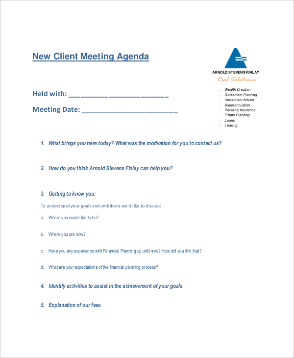 example new client meeting agenda