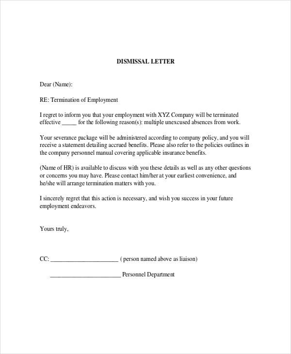 job dismissal termination letter