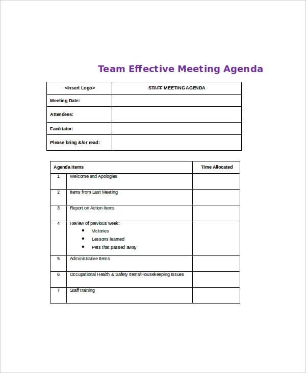 team effective meeting agenda example