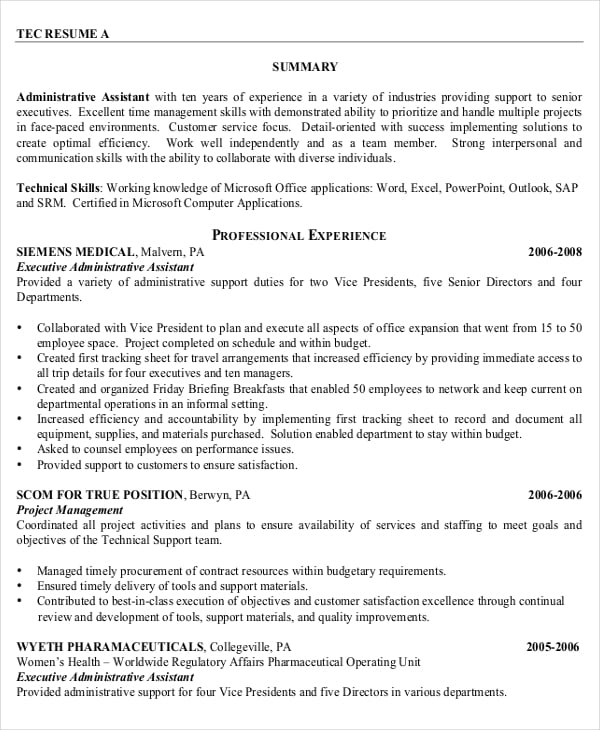 10+ Executive Administrative Assistant Resume Templates – Free Sample