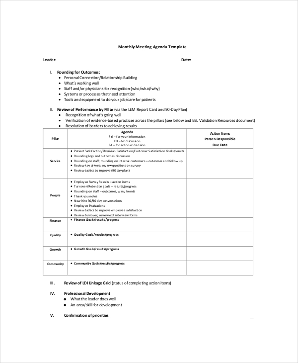 monthly meeting agenda