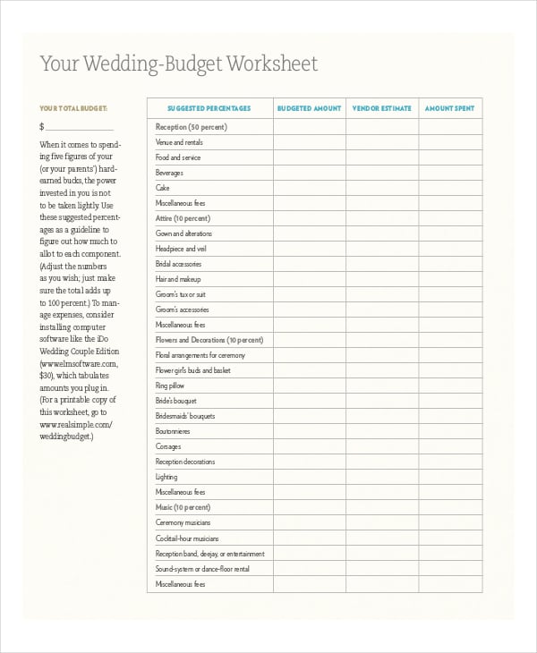wedding budget worksheet template