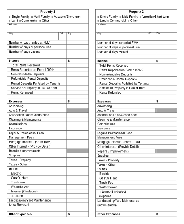 rental property worksheet template