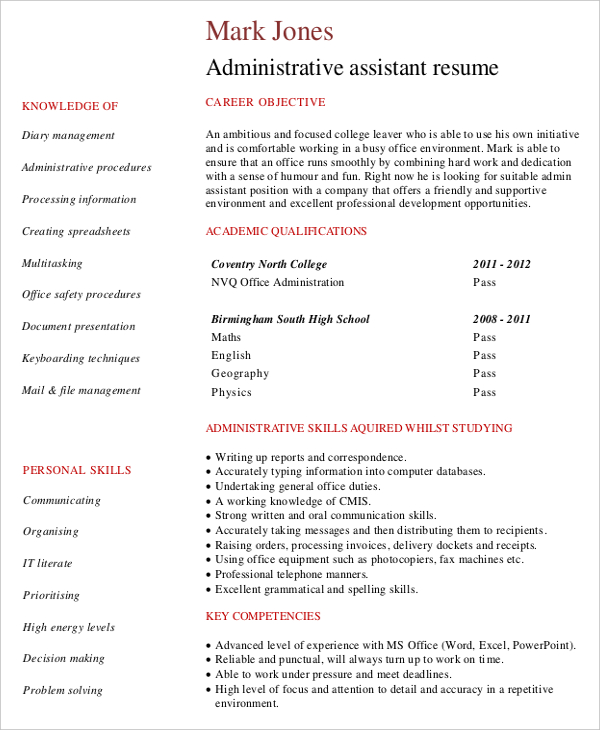 examples of objectives on resumes for administrative assistant