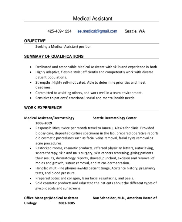 Free sample resume for medical assistant
