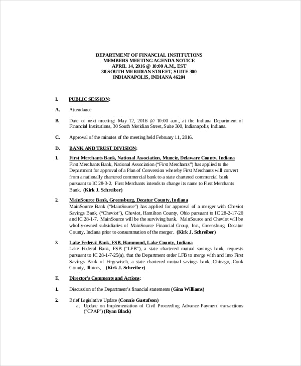 example project meeting agenda template for financial institution