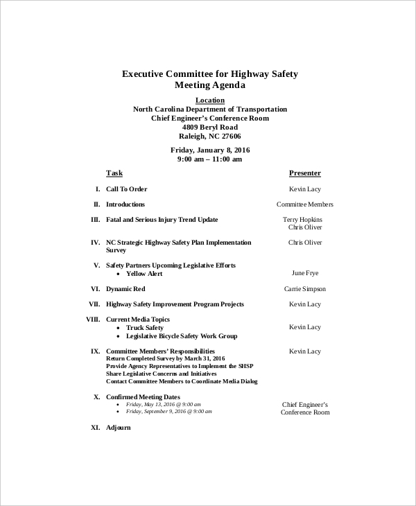 example executive committee for highway safety meeting agenda