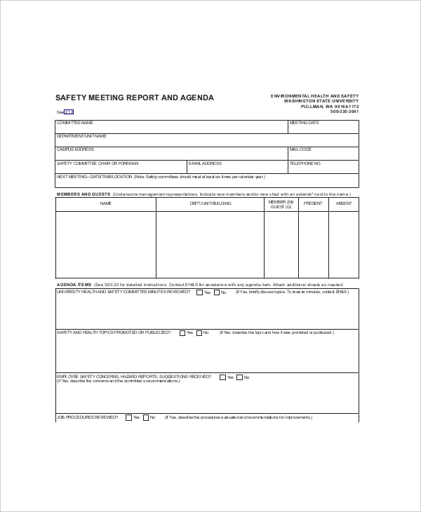 safety meeting report and agenda sample template