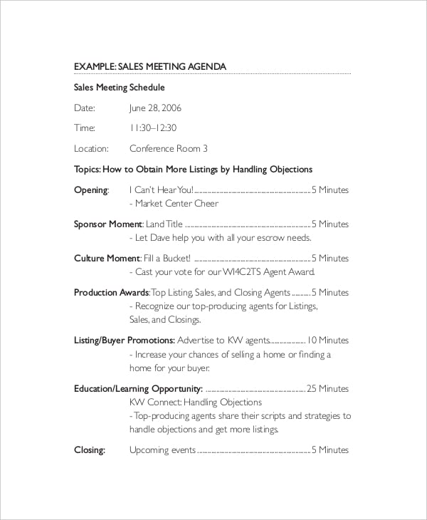 sales meeting agenda template for leader example