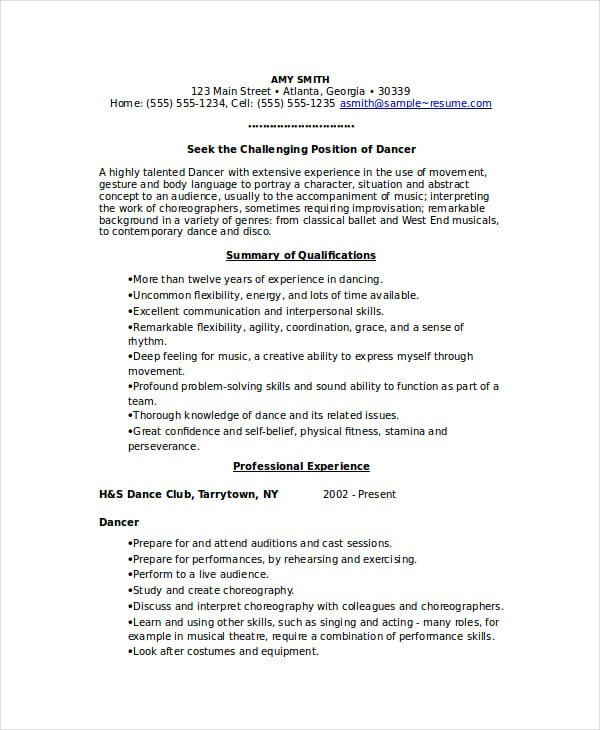dancer resume template 6 free word pdf documents
