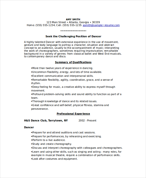 Sample Dance Resume The Document Template