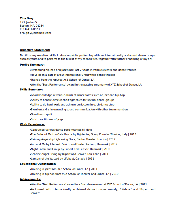 Dancer Resume Template - 6+ Free Word, PDF Documents Download | Free ...