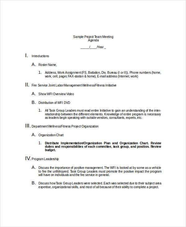 example project team meeting agenda template