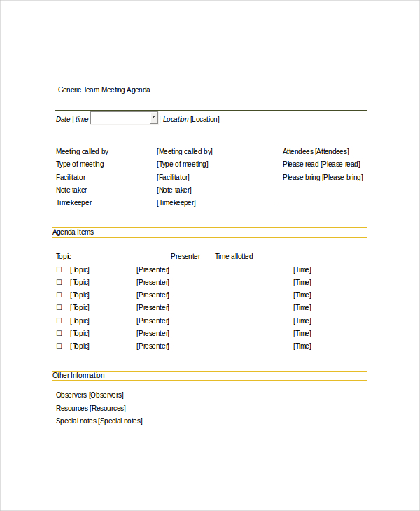 sample generic team meeting agenda template