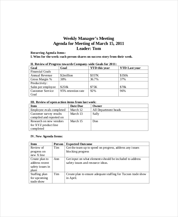 weekly employee meeting agenda sample template