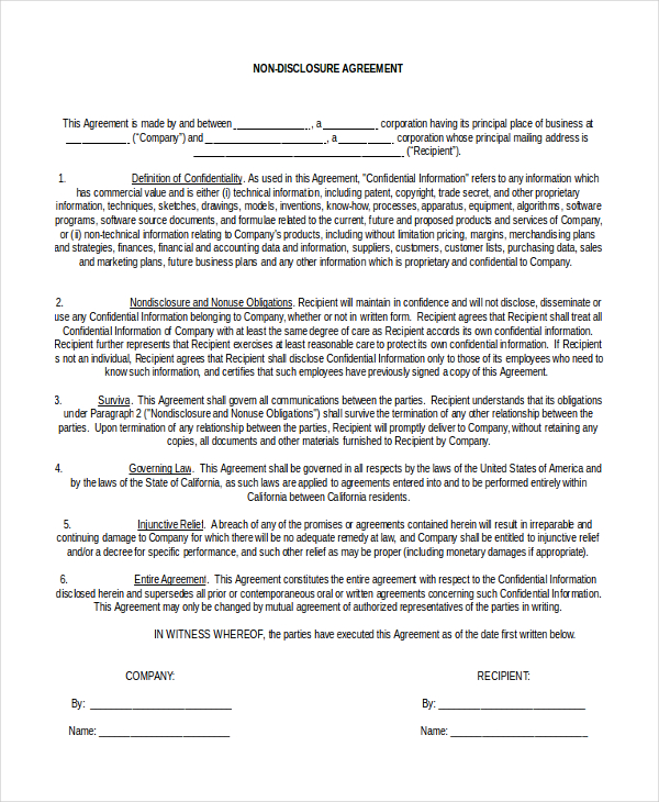 Non Disclosure Agreement Form – 9+ Free Word, PDF Documents Download