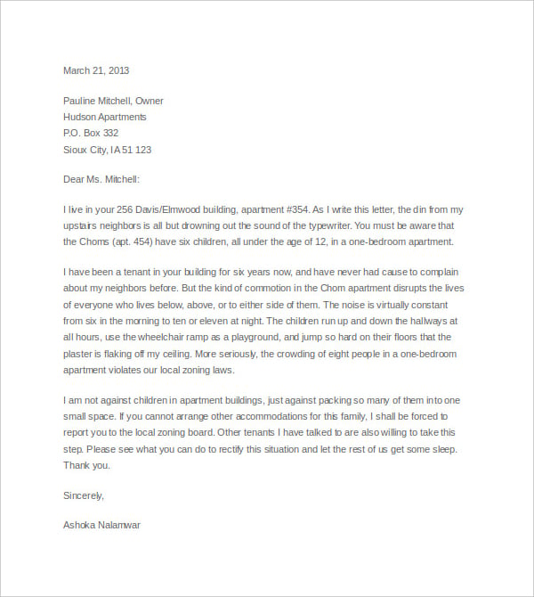 appartment manager noise complaint letter template