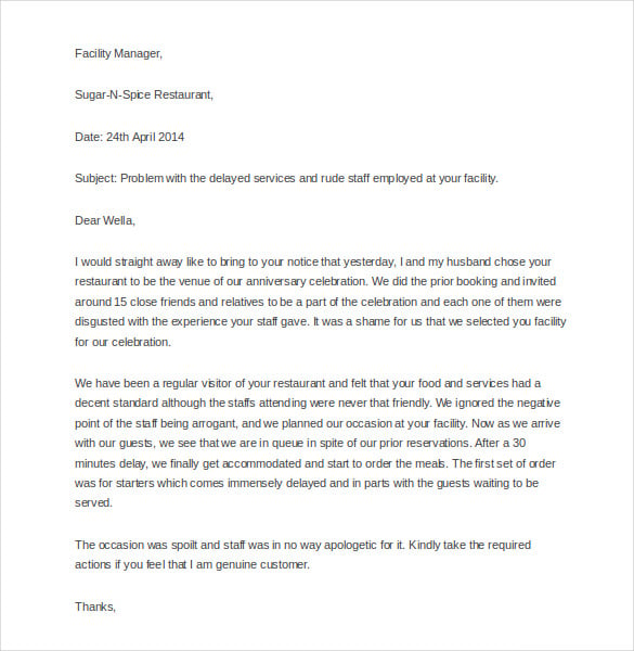 restaurant rude staff complaint letter template