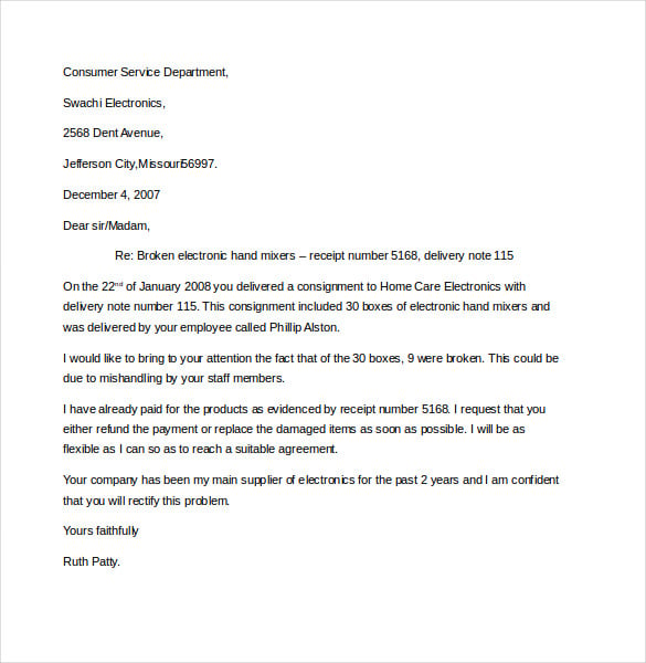 business complaint letter template to electronics