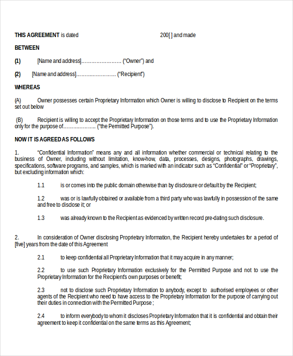 standard model non disclosure agreement form doc