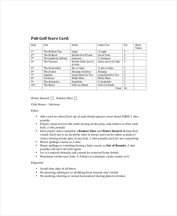 pub golf score card