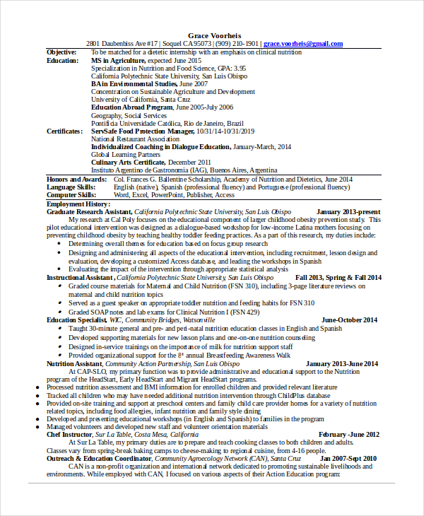 objective on resume for nutrition consultant