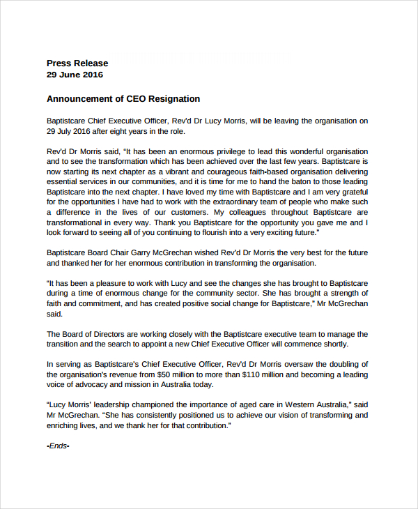 ceo announcement press release template