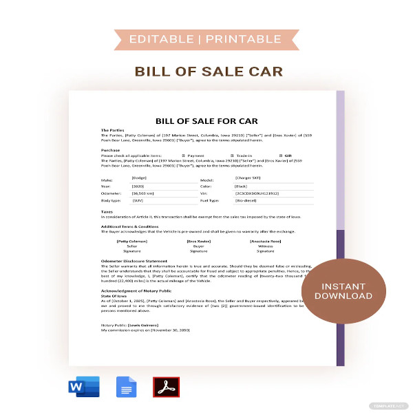 bill of sale for car template