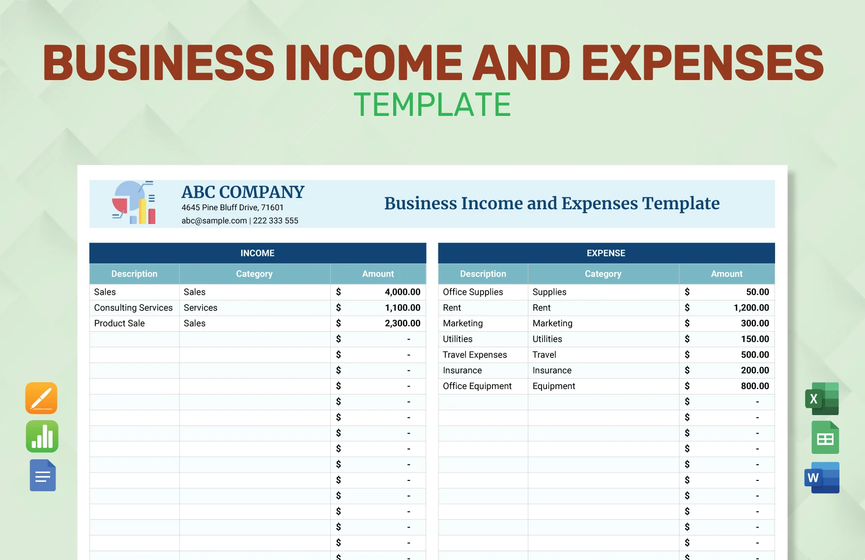 business income expense budget worksheet